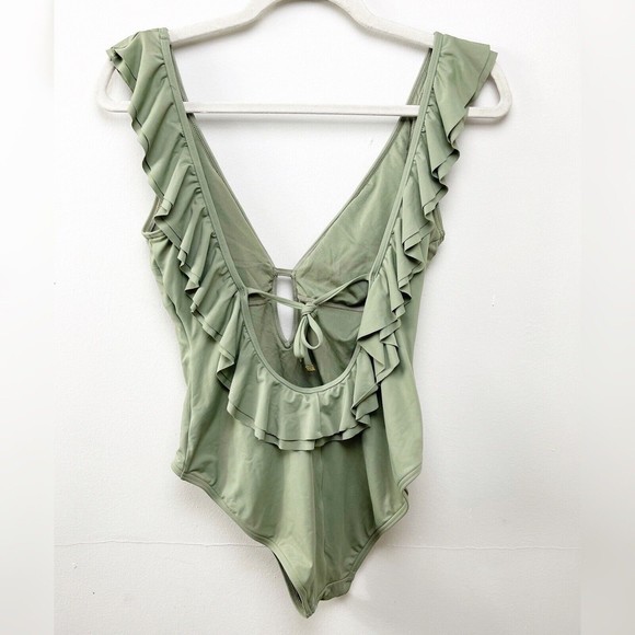 Michael Kors One piece bathing suit Green with ruffle Size 10 V-neck No padding - Picture 2 of 4